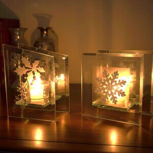 Holly Berry & Snowflake Glass Mirror Candle Holders 2pcs Holiday Decor / Gifts